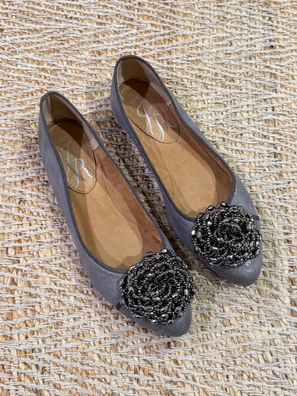 J. Renee GeezeLouise Gunmetal-Grey Beaded Pointed Toe Ballet Flats Size 9.5 US